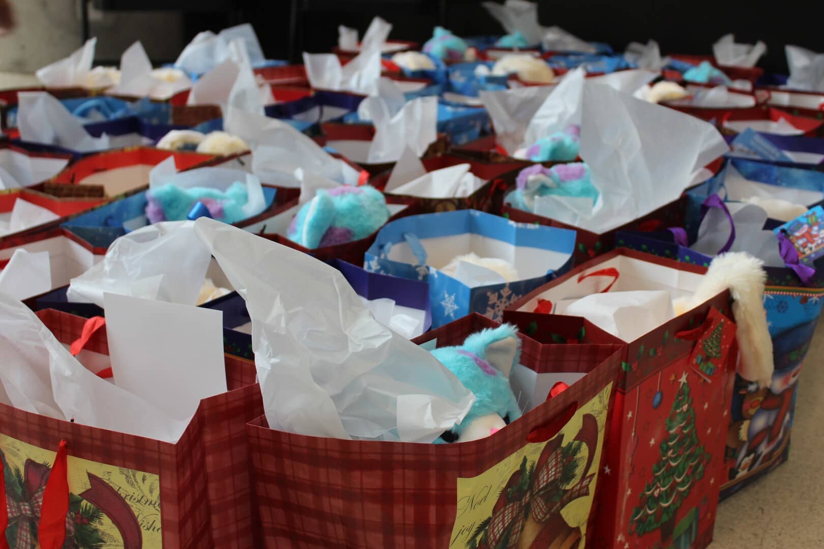 Numerous gift bags packed and ready to be distributed to hospitalized children